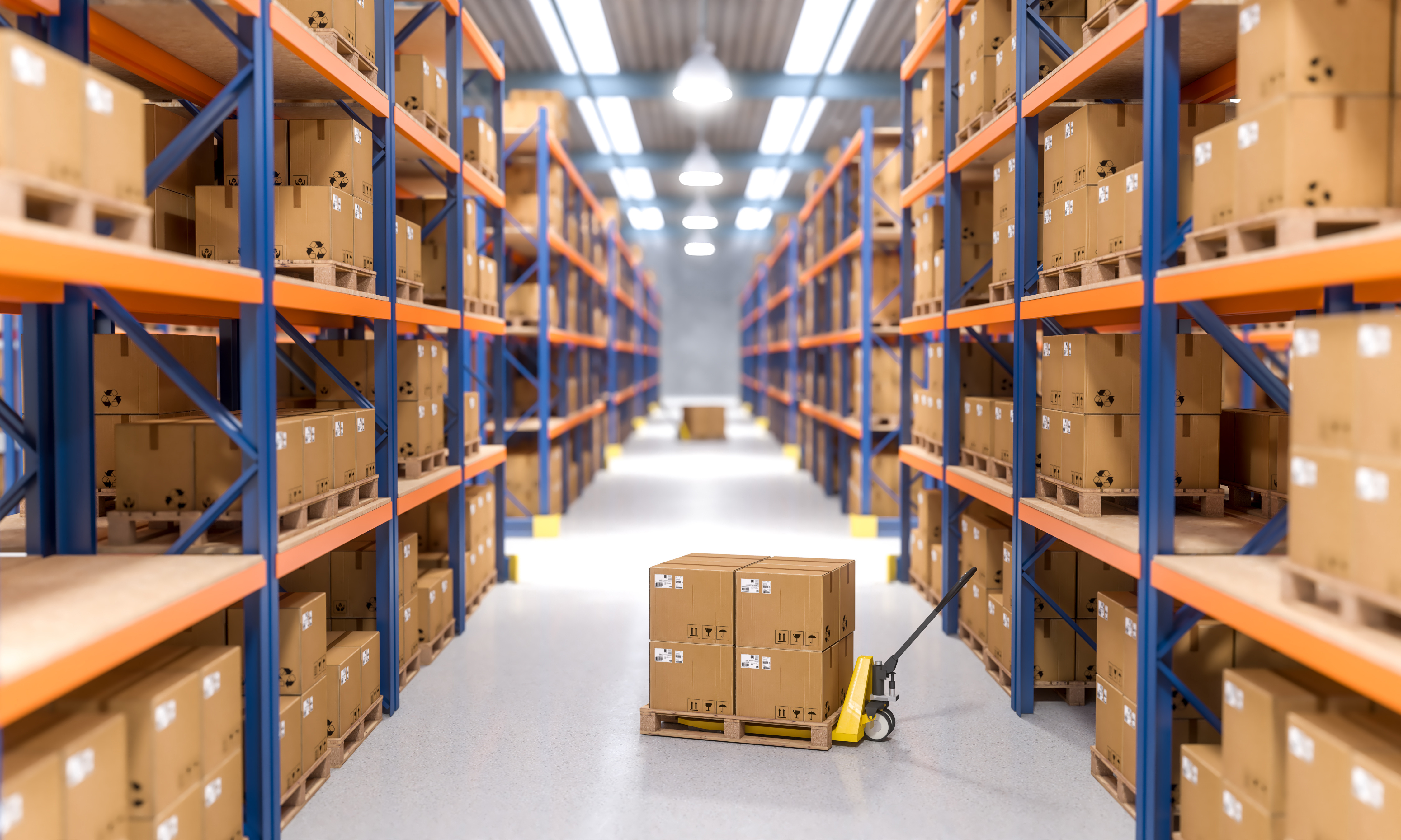 Warehouse interior with organized shelving and cardboard boxes